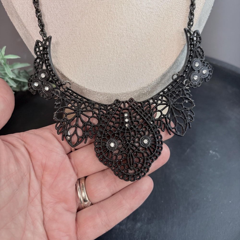 Gothic Owl Statement Necklace 20 In | Black Filigree Bib | Witchy Dark Academia - Picture 4 of 7